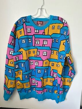 Sleepy Peach “The Neighborhood Sweater" Colorful Jacquard Knit Unique Sweater~XL
